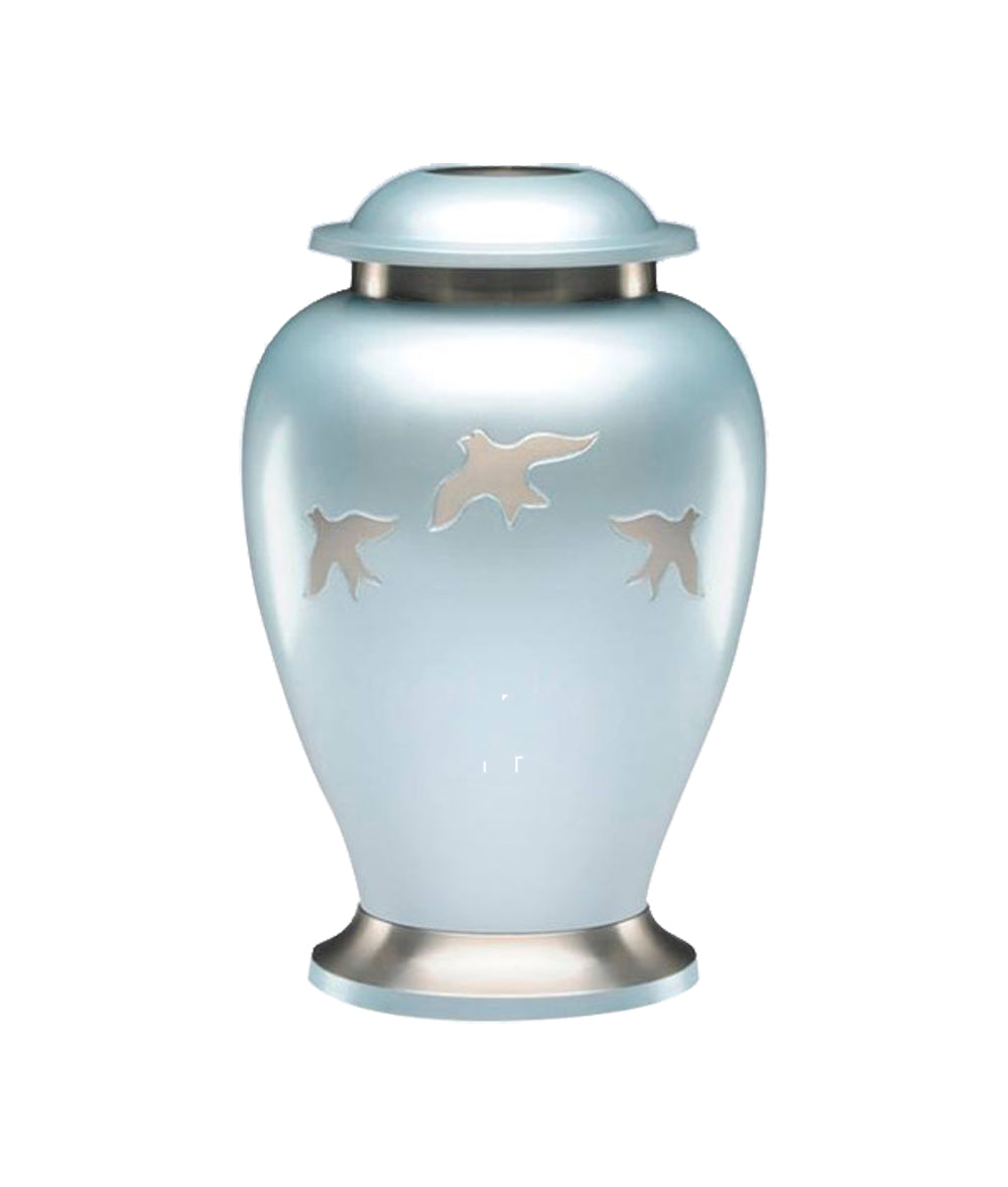 Large Powder Blue & Silver Flying Birds Adult Brass Urn with Optional Personalised Engraving by Love to Treasure