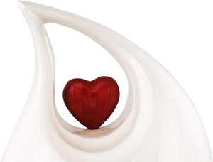 Large Pearl and Red Enamel Heart Teardrop Adult Urn