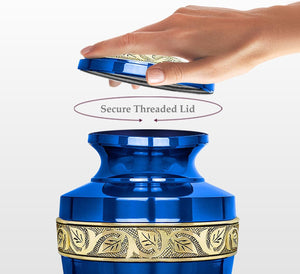 Large Blue and Gold Adult Brass Urn with Optional Personalisation