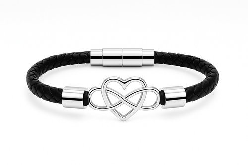 Unisex Black Infinity Heart Leather and Silver Urn Bracelet - Memorial Ash Keepsake Jewelry