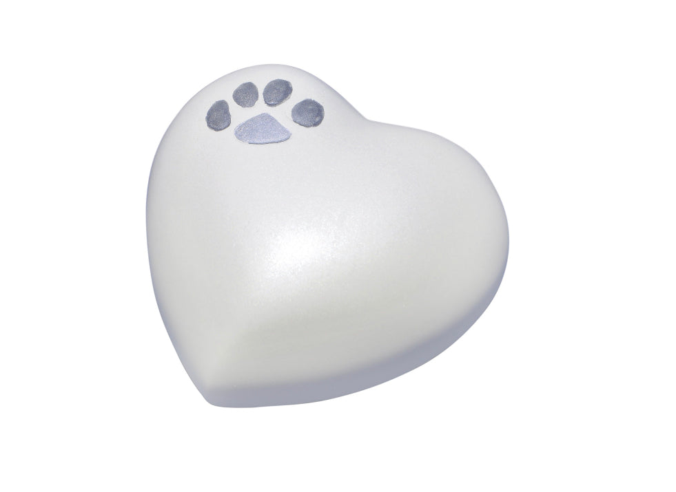 Paw Print on White Heart Urn Keepsake for Dog Cat Ashes Cremation with Optional Personlisation