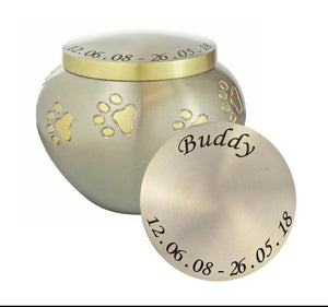 Silver with Gold Paw Prints Urn for Pet Dog or Cat Ashes
