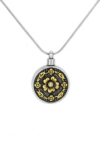 Black and Gold Flower Circle Cremation Urn Pendant