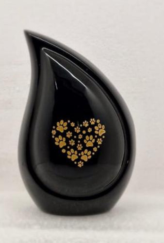 Paw Heart Black Aluminum Teardrop Pet Cremation Urn