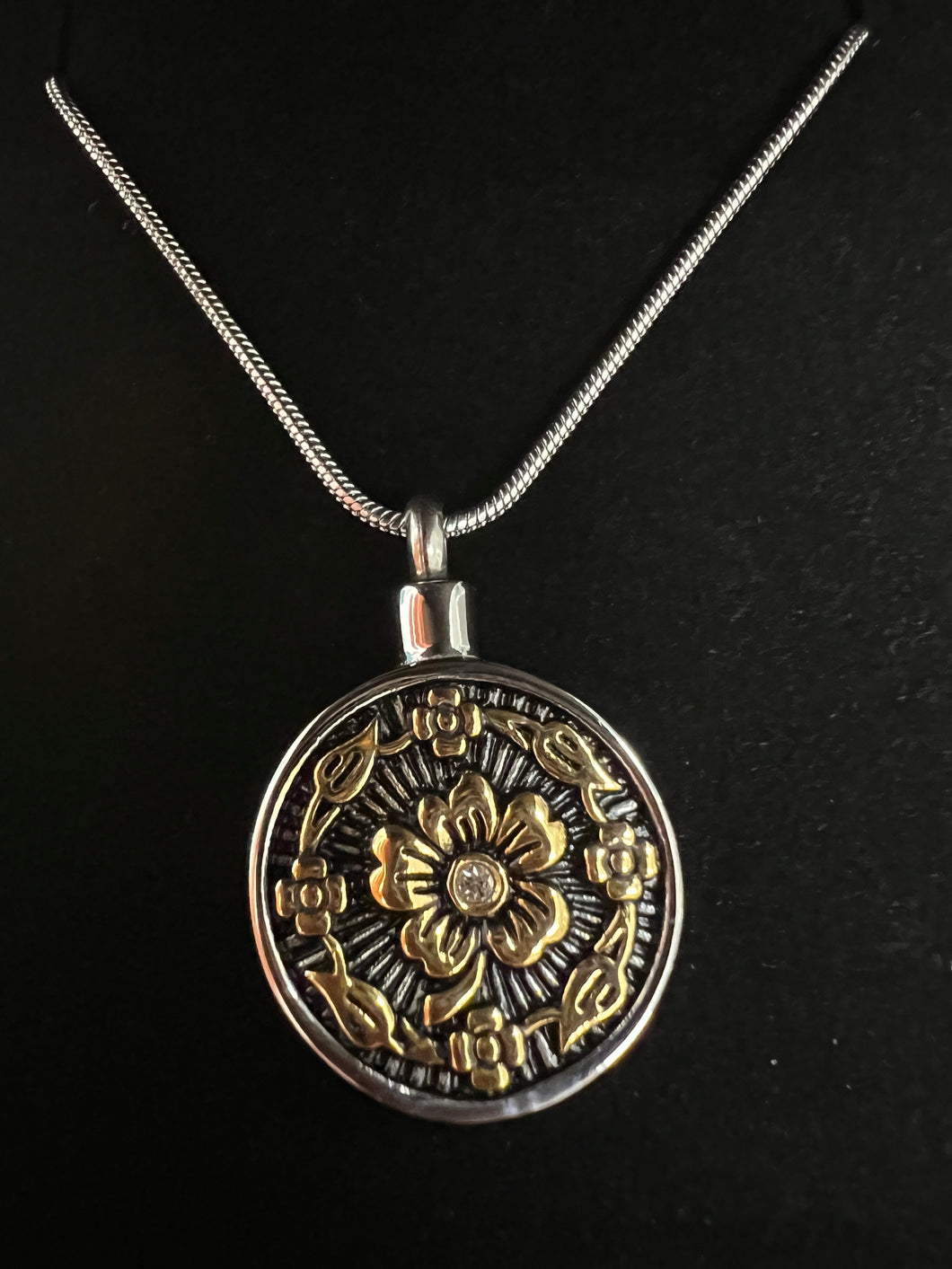 Black and Gold Flower Circle Cremation Urn Pendant