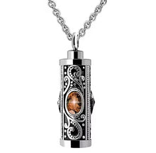 Filigree Crystal Cylinder Cremation Urn Pendant