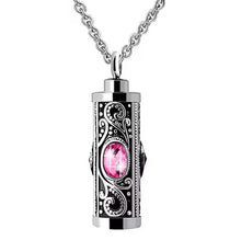 Filigree Crystal Cylinder Cremation Urn Pendant
