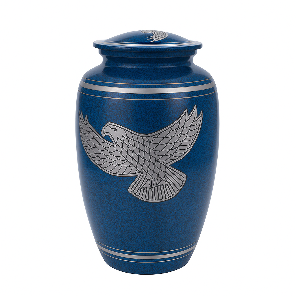 Large Aluminium Blue and Silver Bird Adult Urn