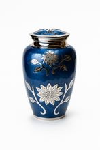 Large Blue and Silver Flower Adult Brass Urn