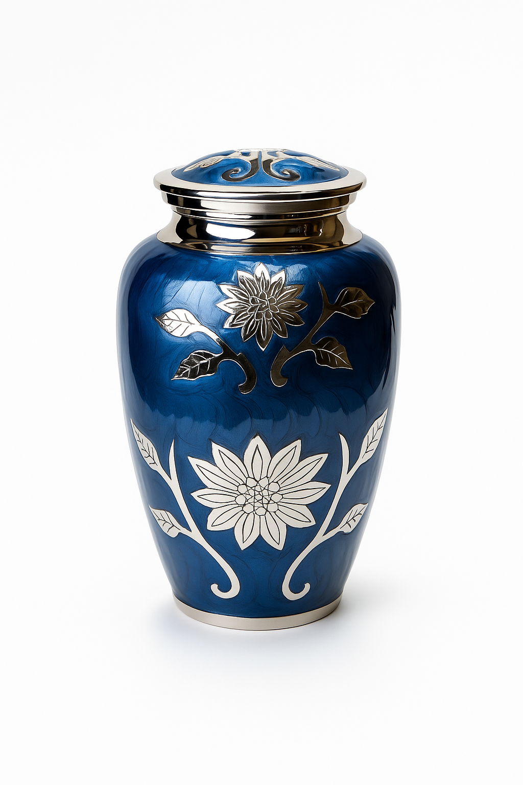 Large Blue and Silver Flower Adult Brass Urn