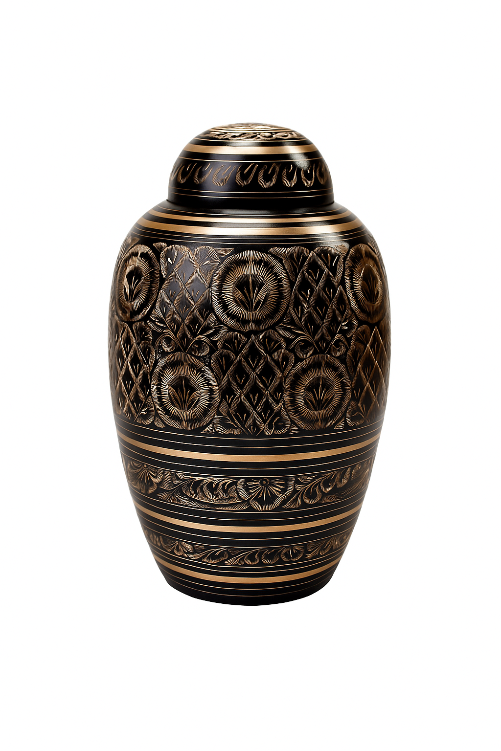 Large Vintage Art Deco Black and Gold Dometop Adult Brass Urn