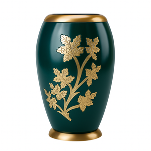 Large Green and Gold Leaf Adult Brass Urn with Optional Personalised Engraving