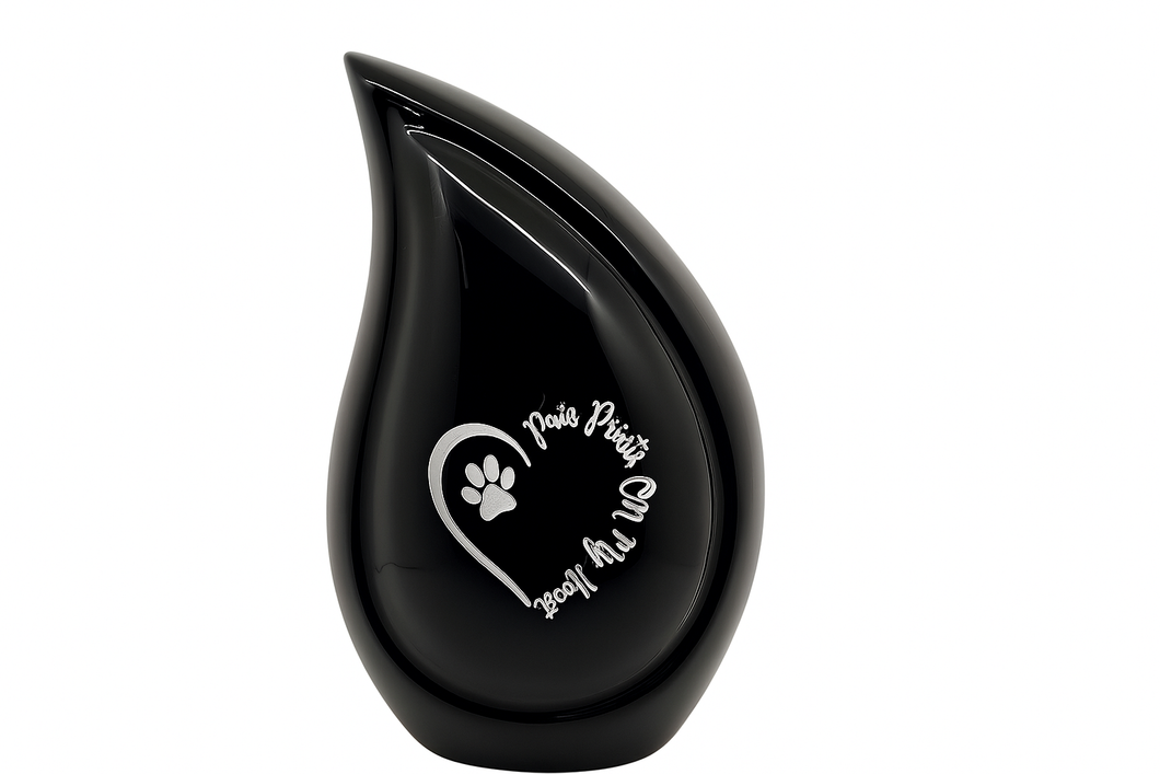 Paw Print On My Heart Black Aluminum Teardrop Pet Cremation Urn