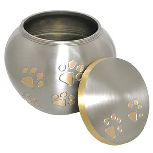 Silver with Gold Paw Prints Urn for Pet Dog or Cat Ashes