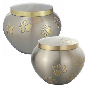 Silver with Gold Paw Prints Urn for Pet Dog or Cat Ashes