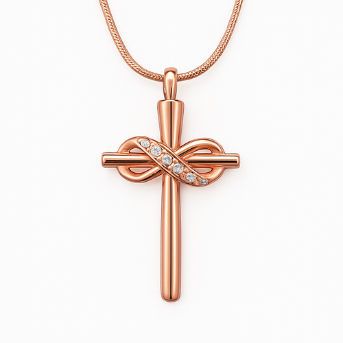 Rose Gold Crystal Cross with Gold Infinity Cremation Urn Pendant