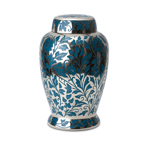 Silver and Blue Floral Adult Brass Urn
