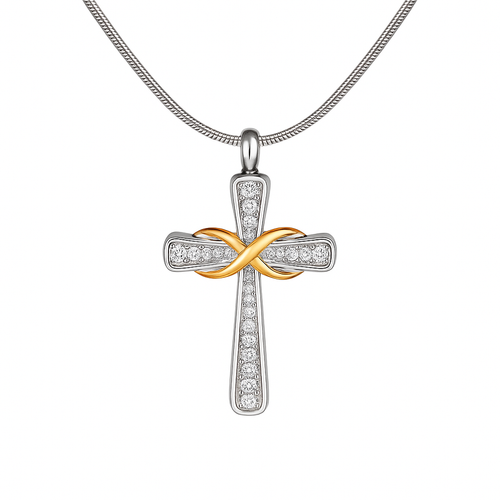 Silver Crystal Cross with Gold Infinity Cremation Urn Pendant