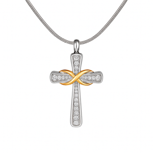 Silver Crystal Cross with Gold Infinity Cremation Urn Pendant