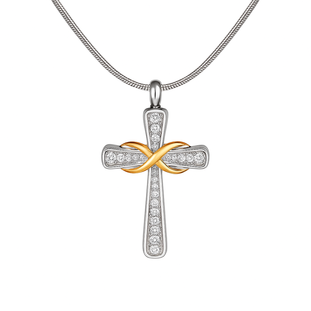 Silver Crystal Cross with Gold Infinity Cremation Urn Pendant