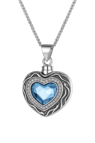 Sterling Silver Blue Crystal Heart Cremation Urn Pendant