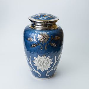 Large Blue and Silver Flower Adult Brass Urn