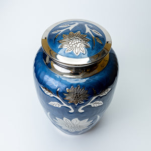 Large Blue and Silver Flower Adult Brass Urn