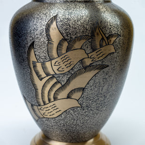 Large Gold, Silver and Black Flying Birds Adult Brass Urn with Optional Personalised Engraving
