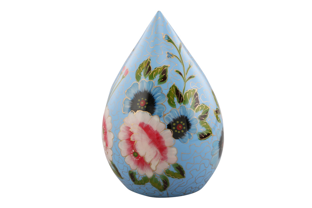 Hand Painted Teardrop Pale Blue Flower Cremation Urn for Adult or Pet