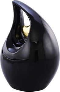 Large Black Enamel with Gold Heart Teardrop Adult Urn