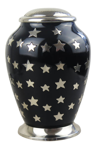 Large Black with Silver Stars Adult Brass Urn with Optional Personalisation