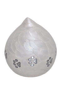 White Enamel Pet Teardrop Urn with Silver Paws