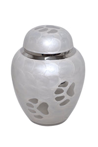 Pearl White Enamel with Silver Paws Urn