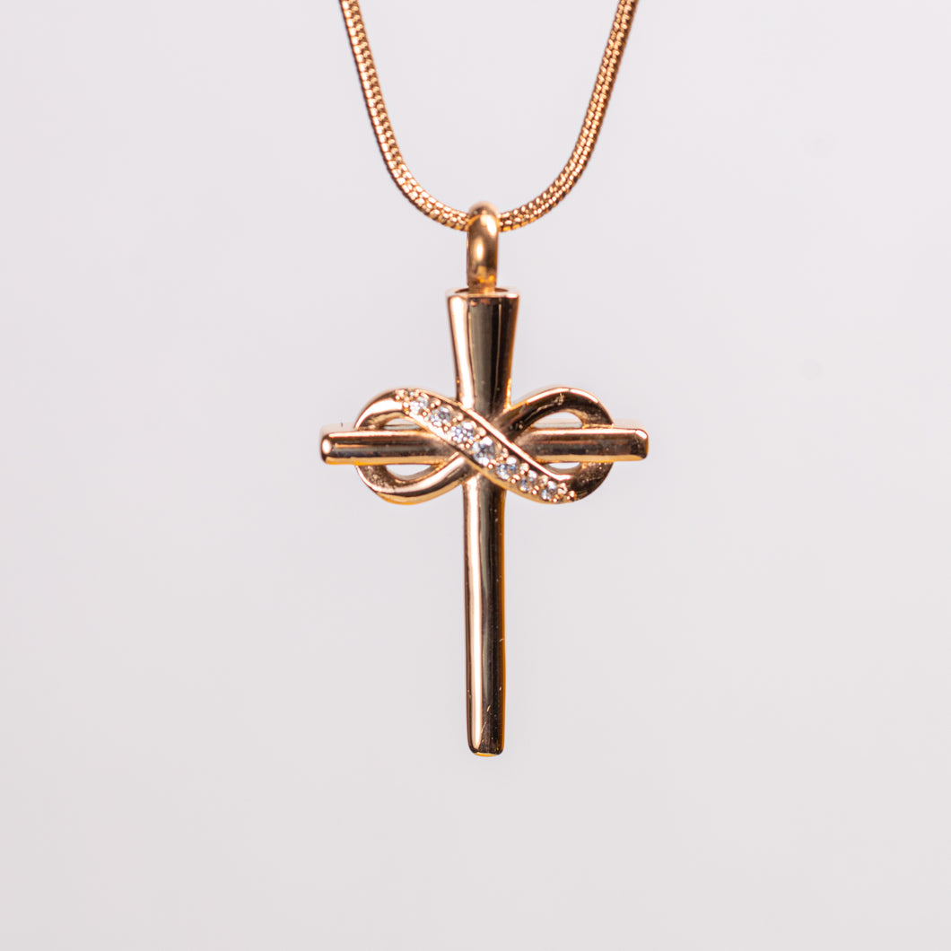 Rose Gold Crystal Cross with Gold Infinity Cremation Urn Pendant