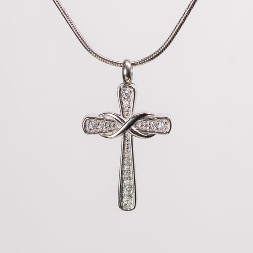 Silver Crystal Cross with Silver Infinity Cremation Urn Pendant