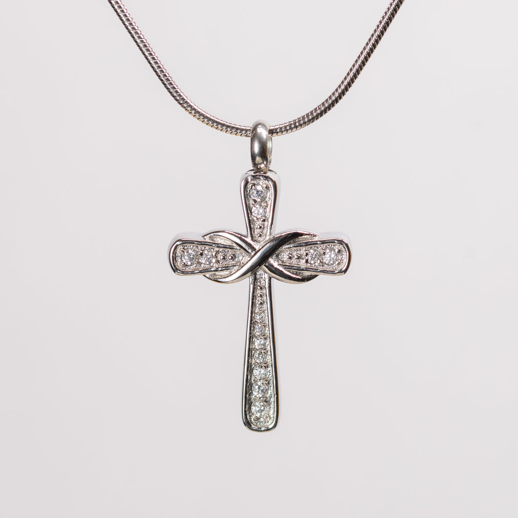 Silver Crystal Cross with Silver Infinity Cremation Urn Pendant