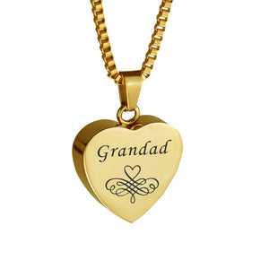 Grandad Patterned Gold Heart Cremation Urn Pendant