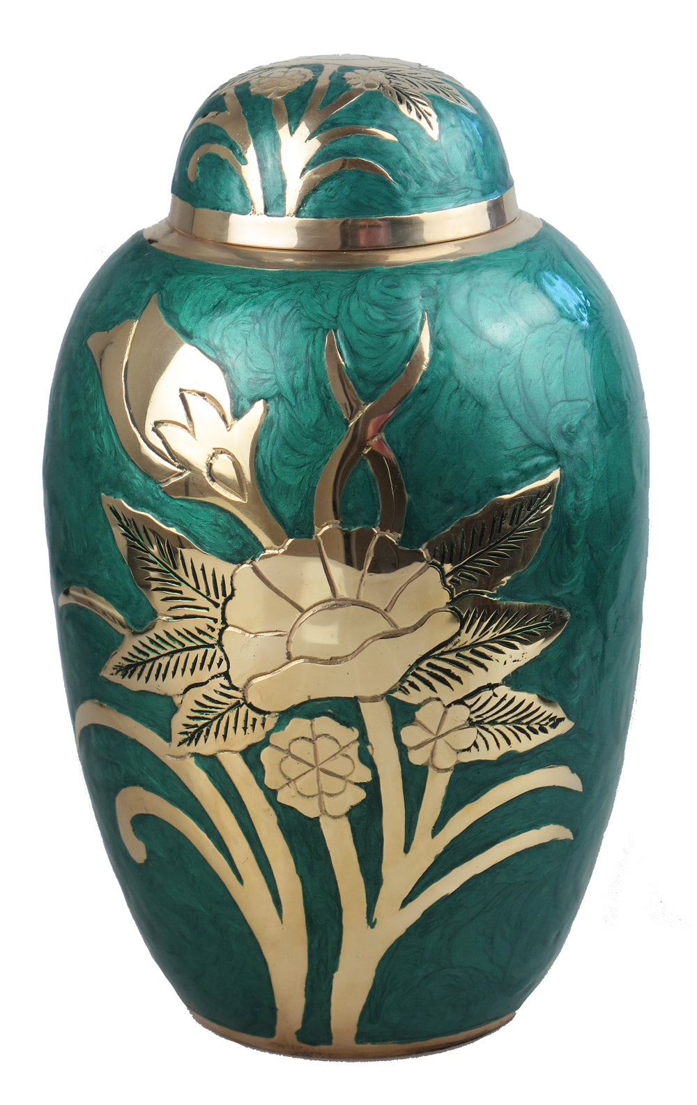 Large Green and Gold Flower Adult Brass Urn