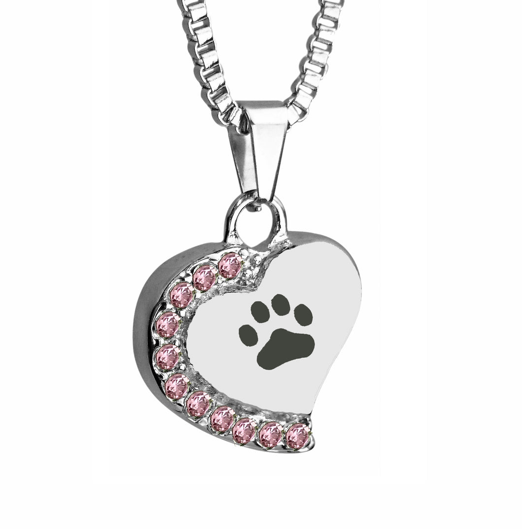 Paw Heart with Pink Crystals Cremation Urn Pendant