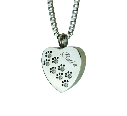 Crystal Personalised Paws on Heart Cremation Urn Pendant
