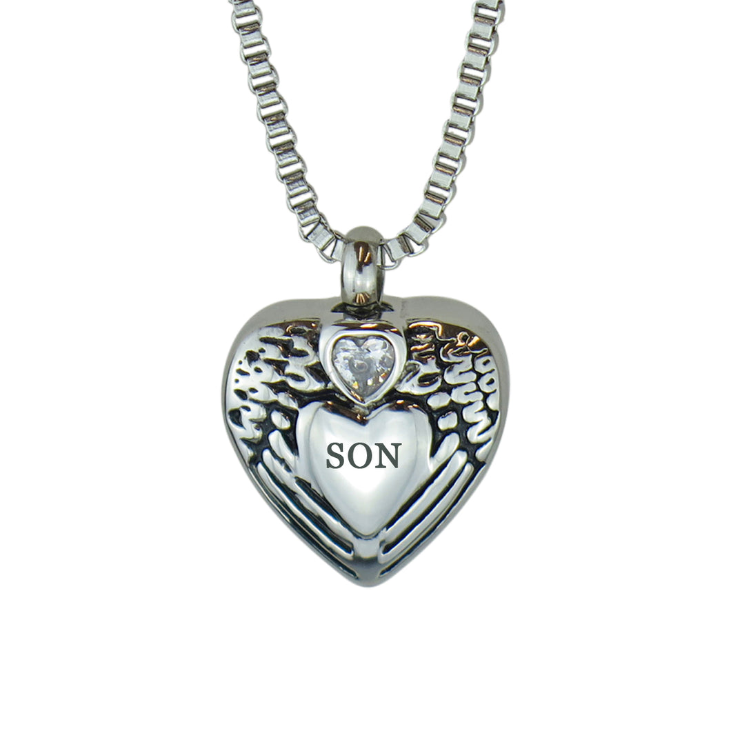 Son Angel Wings Crystal Heart Cremation Urn Pendant