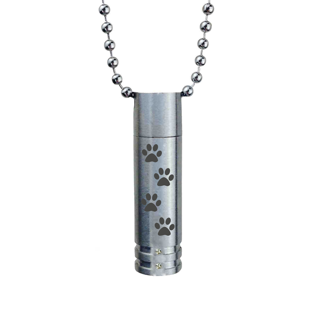 Paw Print Cylinder with Crystals Cremation Urn Pendant