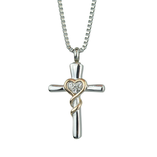 Silver and Gold Crystal Cross Cremation Urn Pendant