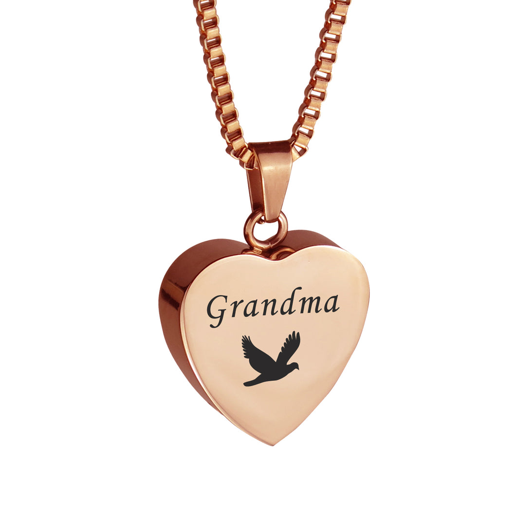 Grandma Dove Rose Gold Heart Cremation Urn Pendant
