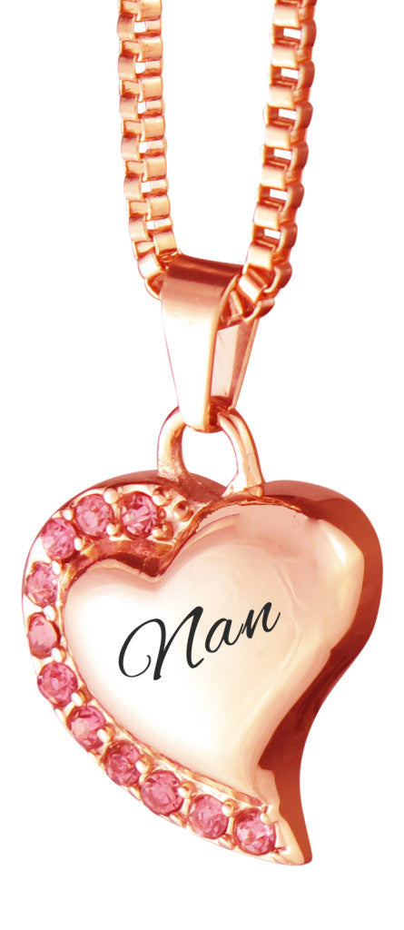 Nan Heart with Pink Crystals Rose Gold Cremation Urn Pendant