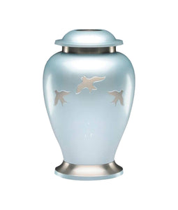 Large Powder Blue & Silver Flying Birds Adult Brass Urn with Optional Personalised Engraving by Love to Treasure
