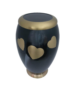 Large Black with Gold Hearts Adult Brass Urn with Optional Personalised Engraving