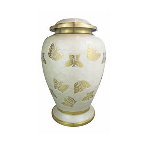 Large Pearl Coloured Enamel Urn with Golden Butterflies Adult Brass Urn