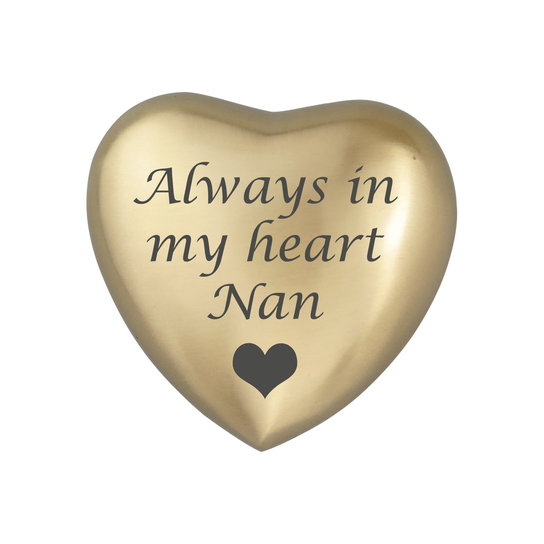Always in my Heart Nan Golden Heart Brass Keepsake Urn