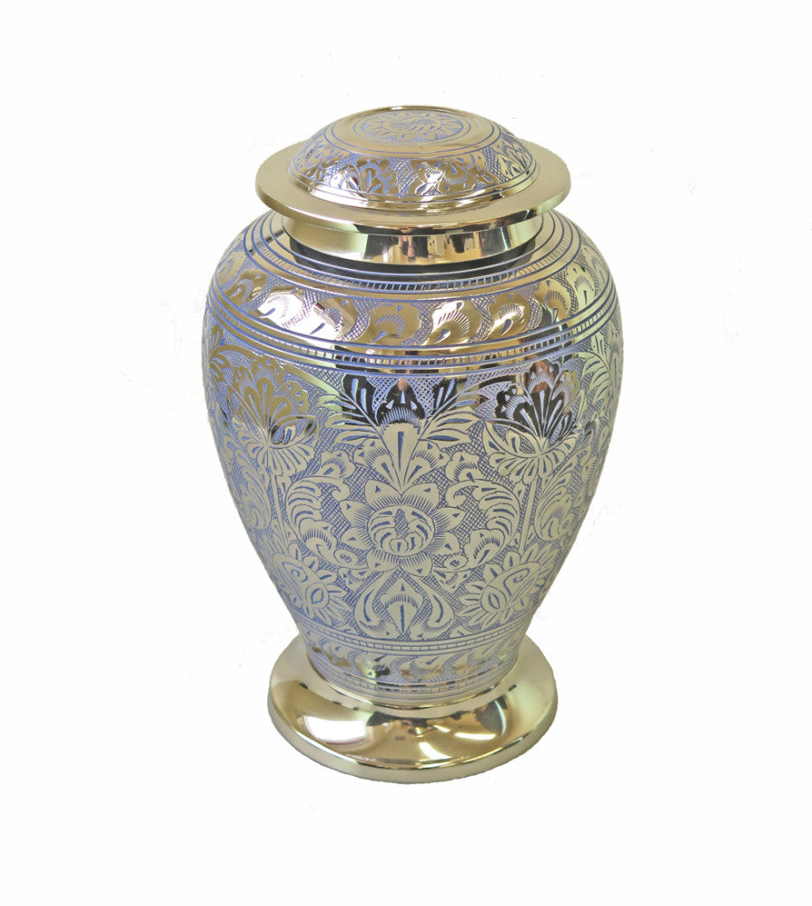Large Silver And Blue Vintage Adult Brass Urn